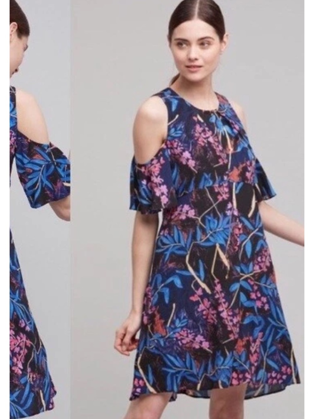 Anthropologie Cold-Shoulder Floral Mini Dress in Blue and Purple
